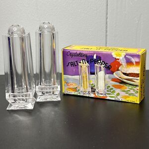 VINTAGE CRYSTALLINE SALT-N-PEPPER SHAKERS SET WITH ORIGINAL BOX HONG KONG RETRO
